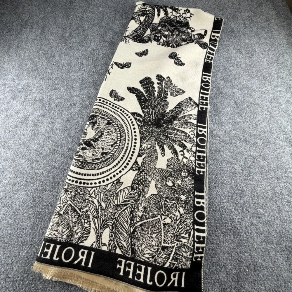 Black White Tropical Butterfly Faux Cashmere Scarf Medallion Print Fringe Wrap